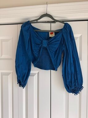 FARM Rio Royal Blue Bow-Front Puff Sleeve Crop Top